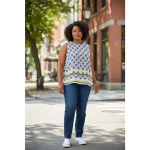 Sophie Max Tank Top Plus XL White, Navy, and Green Geometric Print